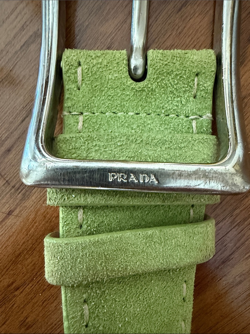 Prada Light Green Suede Belt with Silver-Tone Buckle - Picture 7 of 8